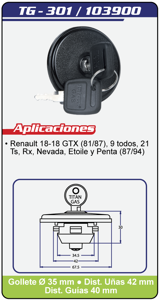 Tapas Combustible con llave TG 301 Plano Especificaciones