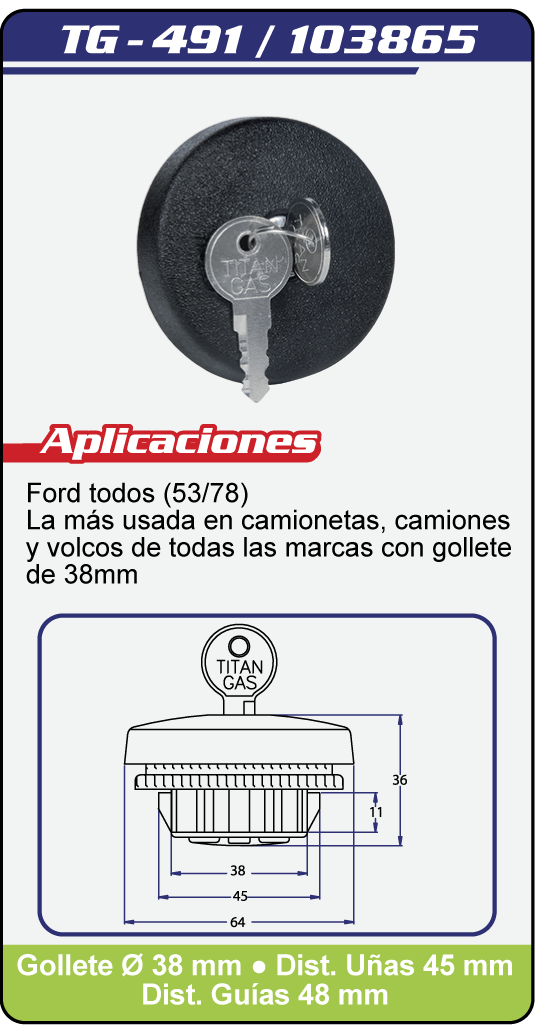 Tapas Combustible con llave TG 491 Plano Especificaciones