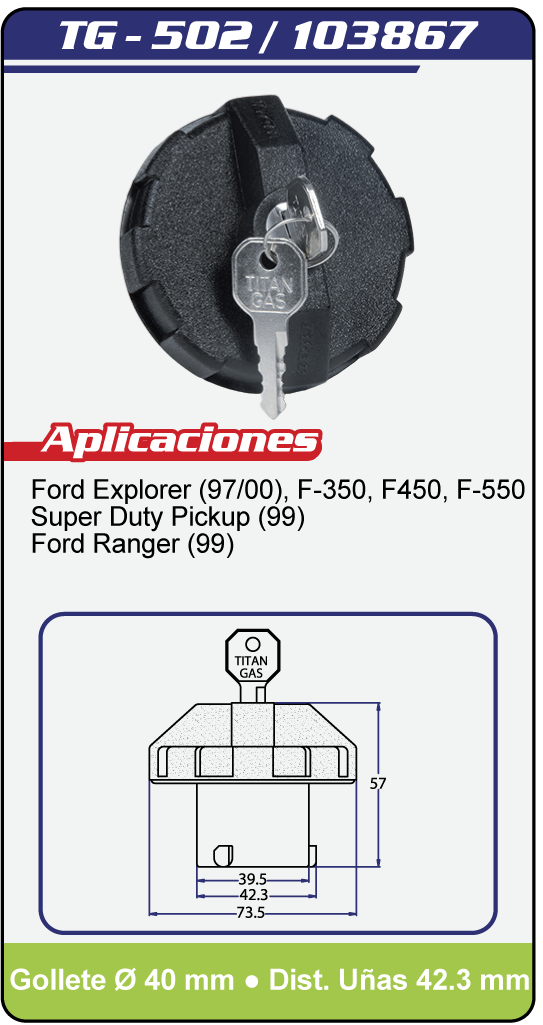 Tapas Combustible con llave TG 502 Plano Especificaciones