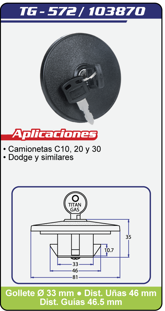 Tapas Combustible con llave TG 572 Plano Especificaciones