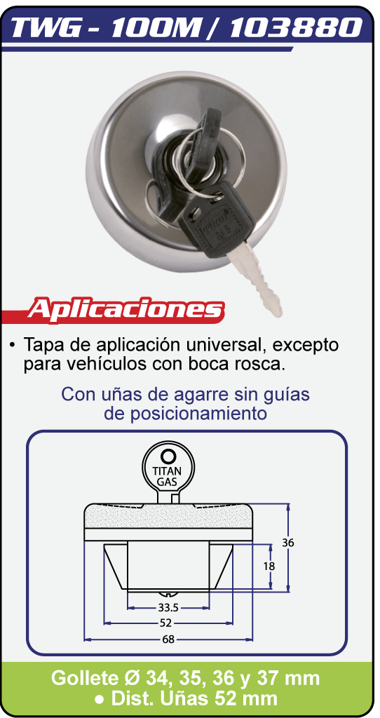 Tapas Combustible con llave TWG 100M Plano Especificaciones