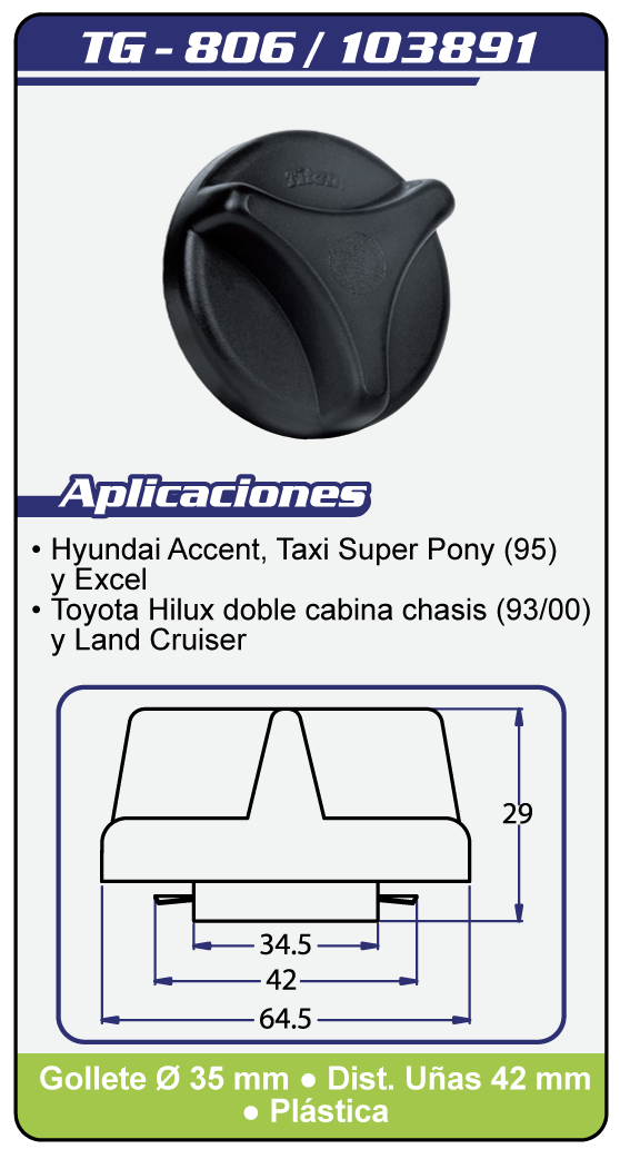 Tapas combustible sin llave TG 806 Plano Especificaciones