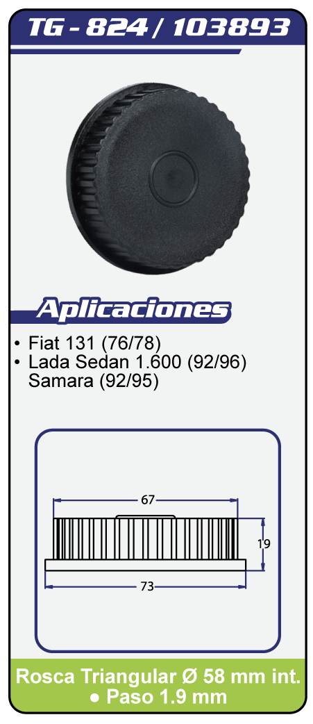 Tapas combustible sin llave TG 824 Plano Especificaciones